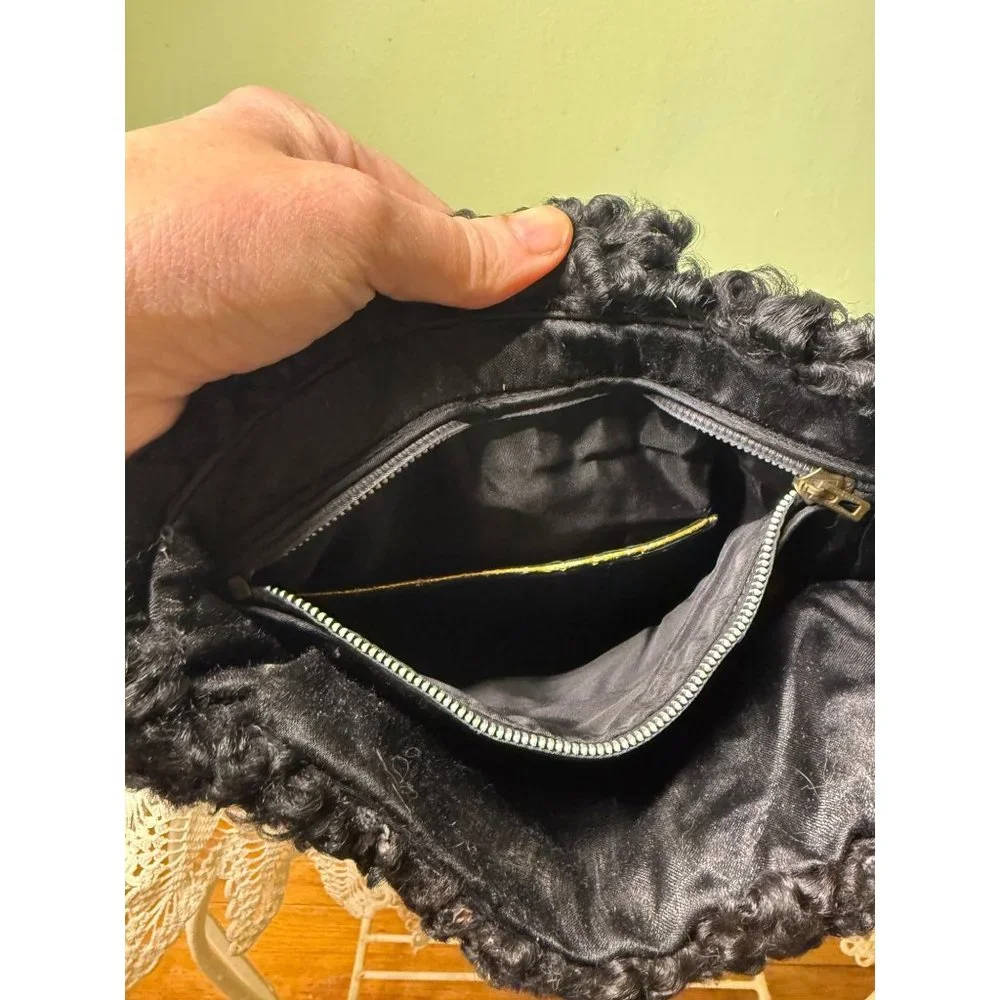 Antique 1920's Curly Black Wool Hand Muff Purse Clutch - Picture 2 of 14